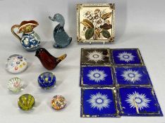 MIXED GLASSWARE & POTTERY GROUP comprising an Aller Vale slip decorated jug, 12cms H, 7 x millefiori