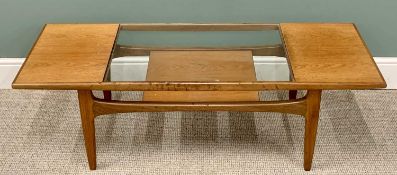 G-PLAN RED LABEL MID-CENTURY TEAK COFFEE TABLE with central glass insert and under tier shelf, on