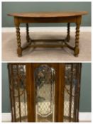 VINTAGE OAK OVAL TOP DINING TABLE on barley twist supports, with bowed end double cross stretcher,