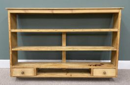 ANTIQUE STRIPPED PINE WALL RACK, having three open back shelves and one smaller lower shelf