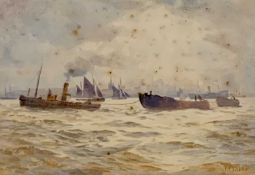 J AITKEN watercolour - depicting a steam tugboat pulling barges, having ships, other sail boats