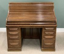 CUTLER-OAK TWIN PEDESTAL ROLL TOP DESK, stamped to the drawers 'Cutler Desk Factory, Buffalo, New