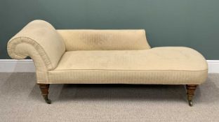 EDWARDIAN CHAISE LONGUE, with striped upholstery, on turned supports, 73cms H, 190cms W, 63cms D