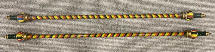 COLOURFUL HAND PAINTED & GILDED CURTAIN POLES, 161cms L Provenance: private collection Gwynedd