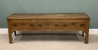 REPRODUCTION OAK LOW DRESSER BASE, the three plank top having cleated ends over three oak lined