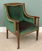 EDWARDIAN INLAID MAHOGANY SALON ARMCHAIR in green velour upholstery, on tapering front supports
