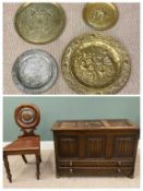 REPRODUCTION OAK MULE CHEST & VICTORIAN MAHOGANY HALL CHAIR, the lidded chest with linenfold