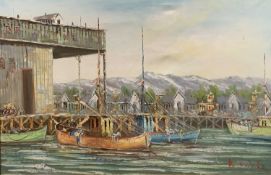 BRIAN ROCHE oil on canvas - harbour scene with mountains to the background, signed, 60 x 90cms