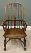 ANTIQUE OAK & ELM WINDSOR ARMCHAIR with crinoline stretcher, late 19th Century, having a high hoop