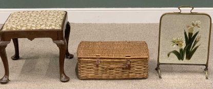 THREE VINTAGE FURNISHING ITEMS comprising an antique-style mahogany footstool with drop in