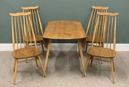 ERCOL LIGHT ELM & BEECH DINING SUITE, comprising a drop leaf dining table on splayed, slightly