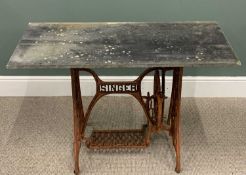 SINGER CAST IRON TREDLE SEWING MACHINE BASE with marble tabletop, 73cms H, 107cms W, 51cms D