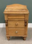 VICTORIAN STRIPPED PINE RAILBACK CHEST OF THREE DRAWERS, on turned bun feet, 92cms H, 59cms W, 52cms
