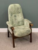 MODERN GREEN FLORAL FABRIC UPHOLSTERED RECLINER ARMCHAIR, 110cms H, 73cms W, 50cms seat D