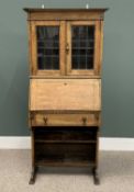 NARROW VINTAGE OAK BUREAU BOOKCASE having twin leaded glazed upper doors with interior shelf,