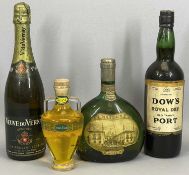 FOUR BOTTLES OF VARIOUS WINES / SPIRITS to include a Dow's Royal Dry Old Tawny port, content at half