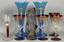 PAIR OF BOHEMIAN TURQUOISE OPALINE VASES, late 19th Century, of trumpet form with gilded and