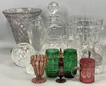 SQUARE GLASS DECANTER & STOPPER, 26cms H, heavy cut glass vase, 17cms H, cut glass water carafe