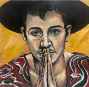 MEINIR MATHIAS oil on board - entitled 'A Oes Heddwch (Is There Peace)', 34 x 34cms Comments: framed