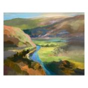 KAREN PEARCE acrylic on canvas - entitled verso 'Cwm Rheidol', 46 x 56cms Comments: mid brown