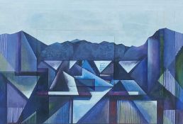 KEN ALLUM acrylic, ink and card on board - entitled 'Slate Quarry', 53 x 72cms Comments: white