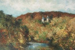 HUW RICHARDS EVANS oil on board / mixed media? - entitled 'Castle Coch', signed, 78 x 78cms