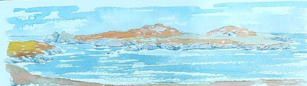 PROFESSOR FIONA RAWLINSON watercolour - entitled 'Ramsay Island', 22 x 37cms Comments: framed and