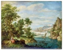 Flusslandschaft mit dem Evangelisten Johannes, Flämischer Meister, 1. Hälfte des 17. Jahrhunderts
