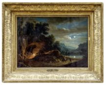 Schütz, Johann Georg (Attrib.): Vollmondnacht mit Reisenden um ein Lagerfeuer