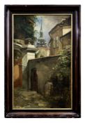 Henschl, Hugo: Gasse mit Blick auf eine Kirchturmspitze