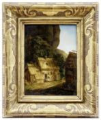 Schütz (Schüz), Johann Georg: Landschaft mit Bauernhaus und Passanten unter einem Felsvorsprung
