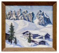 Winterlandschaft mit Bergdorf und verschneiten Gipfeln, 1920/30er Jahre