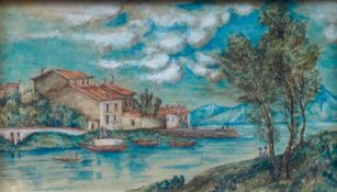 Landschaft mit Dorf an einer Flussmündung, 19. Jh.