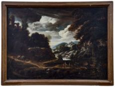 Südliche Landschaft bei aufziehendem Gewitter, Römische Schule des 17. Jahrhunderts