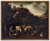Schäfer mit seiner Herde in südlicher Landschaft, Römische Schule, Nachfolge P. Roos