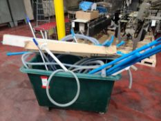 Plastic Tote with Assorted Cleaning Supplies and Hoses