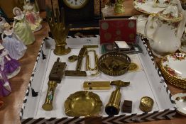 A mixed lot of vintage and antique brass collectables amongst which are whistles, including 'The