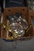 A mixed lot of metal wares including brass candle stick, pewter tea pot and table wares.