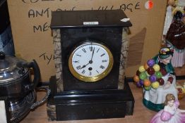 An Victorian slate and marble insert mantel clock with French movement, missing one insert