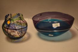 Two pieces of colourful art glass, including blue and purple bowl and similar with Norman Stewart 89