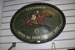 An early 20th century hand painted pub or tavern sign for Persimmon Wins the 1896 Derby Day,