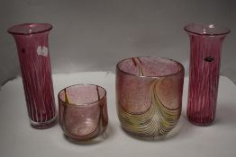 Four pieces of art glass including pink Phoenician glass vases. Small vessel AF.