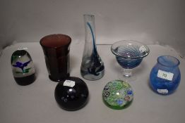 An assortment of art glass and paper weights including Caithness and scattered Milliefiori.