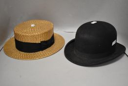 A vintage Christy's of London bowler hat, size label of 6 7/8, also included is a Boater.