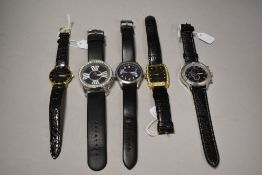 Five mens watches, black straps