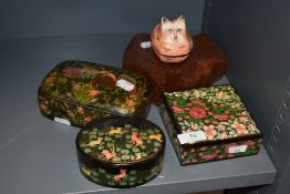 Three painted lacquered boxes with scenes of animals and flora, also included is similar box in