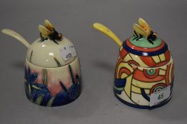 An Old Tupton ware Art Deco style preserve spot and spoon, hand painted by Jeanne Mcdougall.