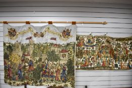 A large vintage tapestry style wall hanging being hand dyed with a medieval court and castle scene