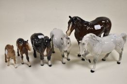 Six Beswick animal figure studies including Shetland pony no. 1033, Shetland Pony Hollydell Dixie