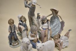 Eleven Lladro and Nao Figures including Golfer, May Dance AF, Girl Holding Pig AF, Ballerina, Boy